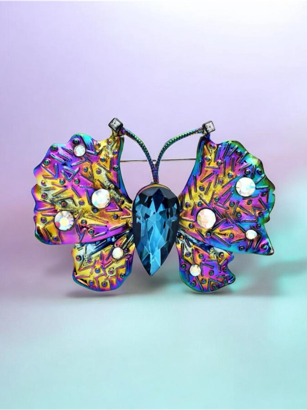 Iridescent Butterfly Brooch with Blue Crystal Center